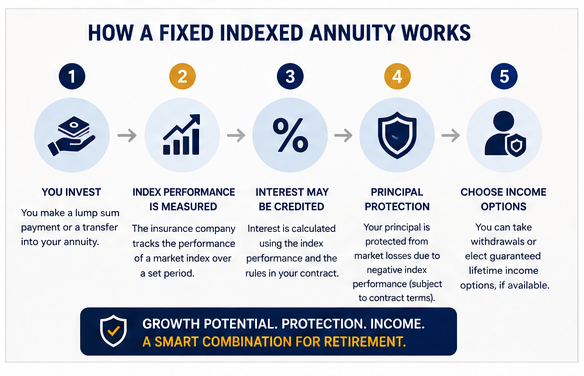 How a Fixed Indexed Annuity Works Infographic showing how a fixed indexed annuity works, including investing money, measuring a market index, crediting interest, principal protection, and optional lifetime income.