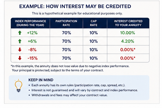 Example chart showing how interest may be credited in a fixed indexed annuity based on market index performance, participation rates, and contract terms.