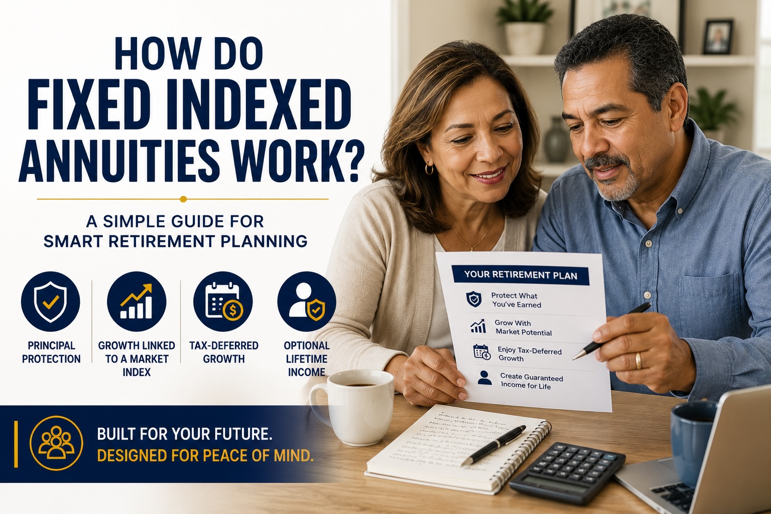 Hispanic retired couple learning how a fixed indexed annuity works while reviewing retirement planning documents.